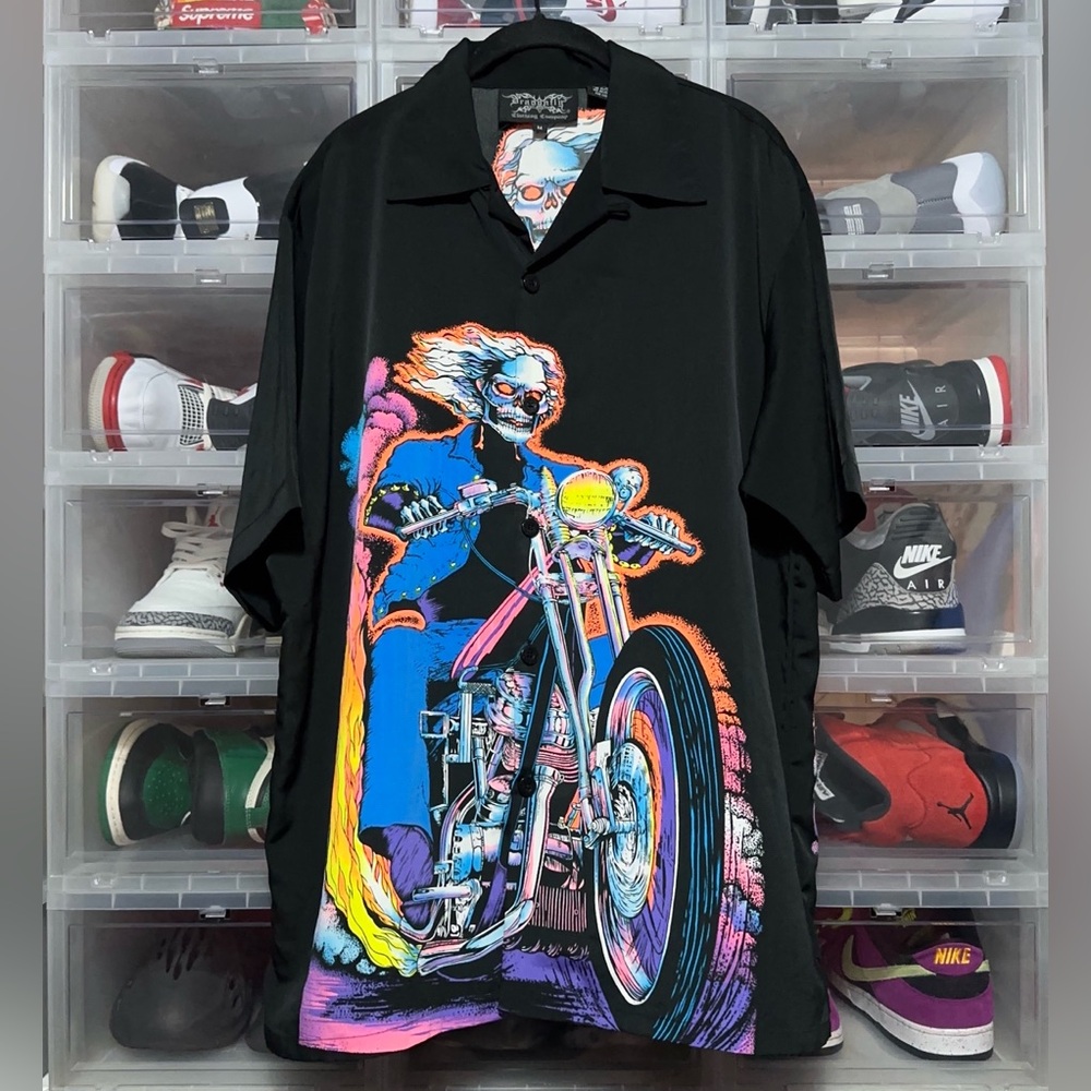 Dragonfly Flaming Skeleton Biker All Over Print Button Up Shirt Medium